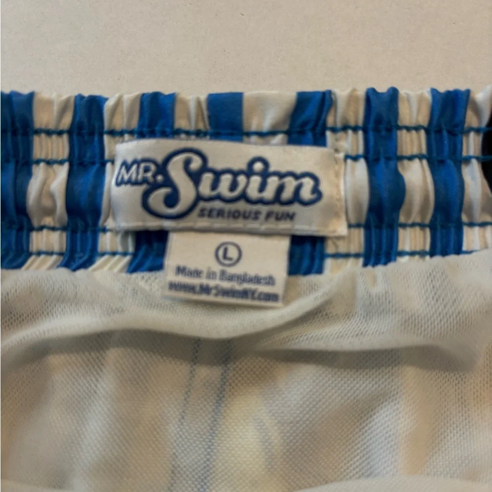 Men's Mr.‎ Swim blue white stripe Lemons swim suit. SZ L. Lined drawstring beach